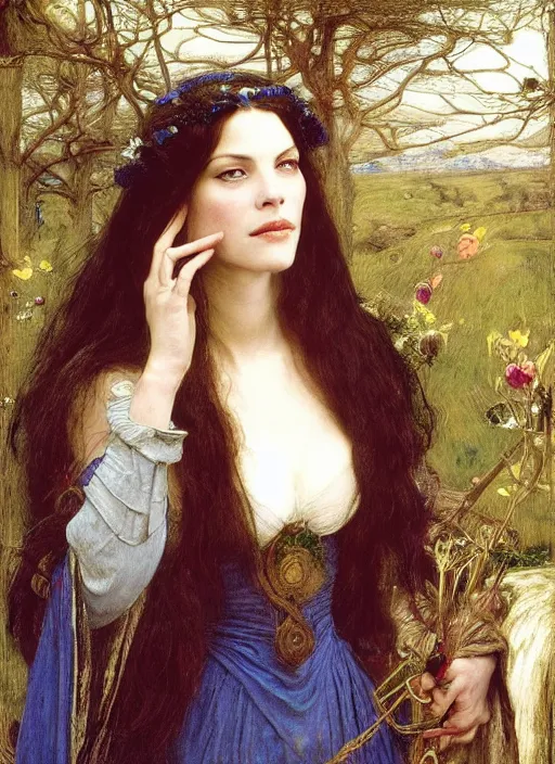 Image similar to a beautiful painting of liv tyler as arwen by John Everett Millais and Dante Gabriel Rossetti and John Collier and john william waterhouse, pre-raphaelite, detailed, trending on artstation, hd, masterpiece