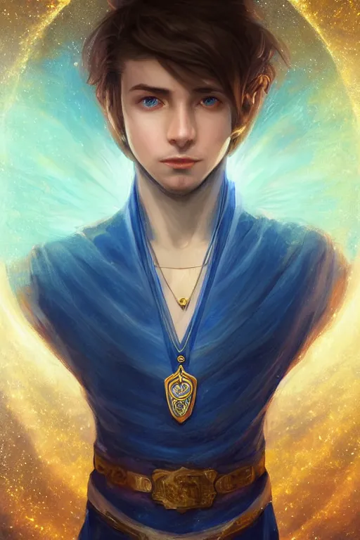 Image similar to beautiful portrait of a handsome young male wizard wearing a fancy blue tunic, l medallion!! around neck, art by wlop and artgerm, steampunk fiction, detailed deep blue eyes, ( long dark brown hair in ponytail!!!! ), space background, artstation, sharp focus, illustration, caustics, octane render, 4 k, radiant light