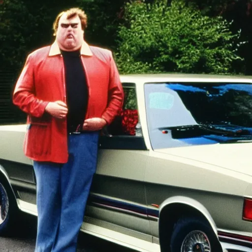 Prompt: John candy standing beside a 1980s American car, portrait, hyperdetailed, hyperrealistic, aesthetic