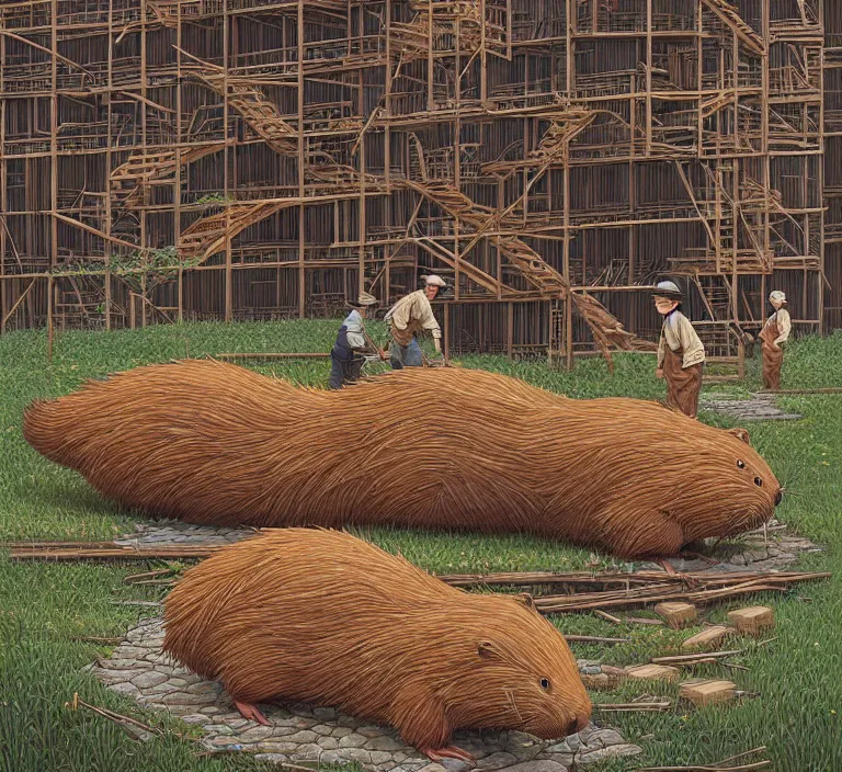 Image similar to photography hyperrealism concept art of highly detailed anthropomorphic beavers builders that building city with sticks by hasui kawase and scott listfield sci - fi style hyperrealism