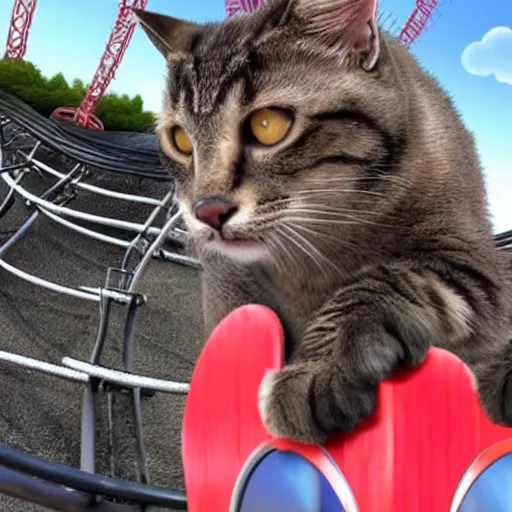 Prompt: selfie of a shouting cat riding a roller - coaster, highly - detailed realistic award - winning