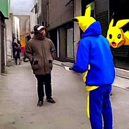 Image similar to CCTV footage of pikachu buying drugs from a random dude in a hoodie in an alley