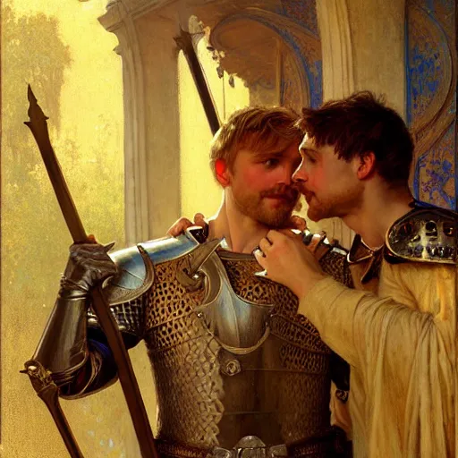 Image similar to attractive arthur pendragon and his attractive male knight, they are in love, natural lighting, path traced, highly detailed, high quality, digital painting, by gaston bussiere, craig mullins, alphonse mucha j. c. leyendecker