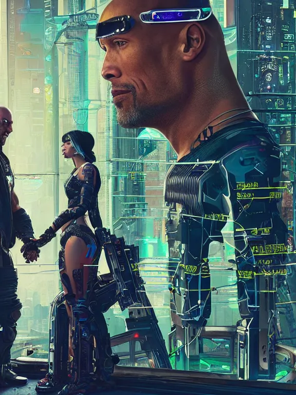 Prompt: a cyberpunk 2077 wedding portrait of Dwayne Johnson and a female android,complex mess of cables and wires behind them connected to giant computer,film lighting,by laurie greasley,Lawrence Alma-Tadema,William Morris,Dan Mumford, trending on atrstation,full of color,face enhance, highly detailed,8K, octane,golden ratio,cinematic lighting