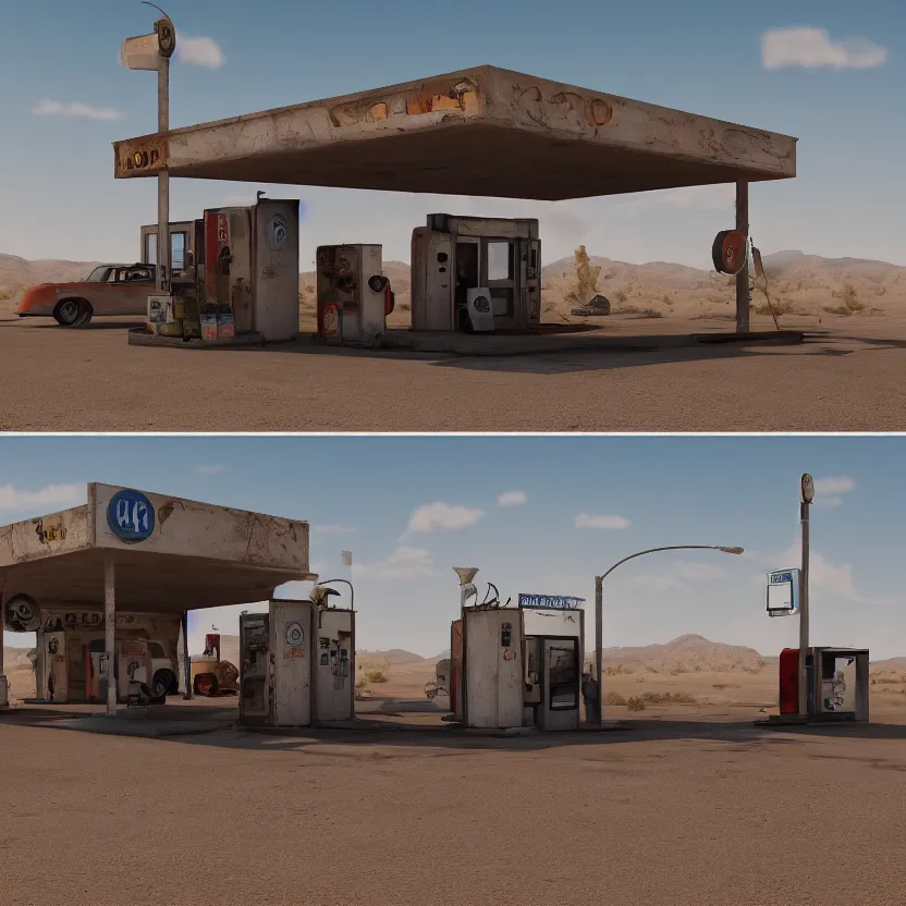 Image similar to an old, tiny abandoned gas station in the middle of the desert, cobweb, old, artstation, digital art.