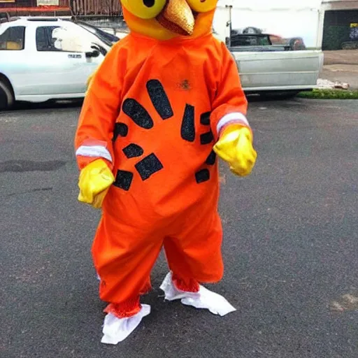 Image similar to chicken dressed as an inmate