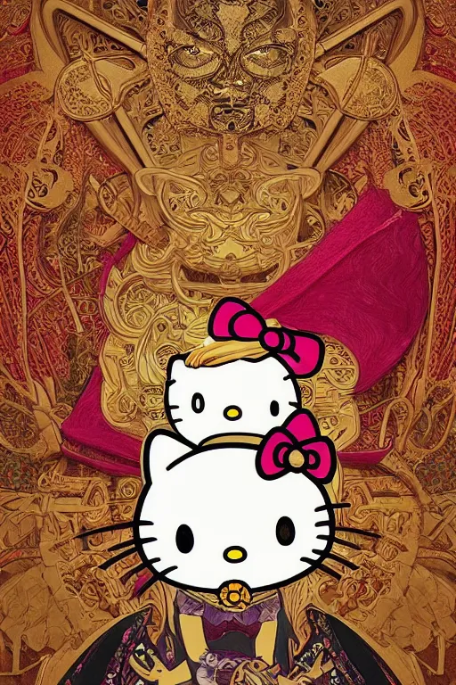 Prompt: portrait of Hello Kitty in ancient Java as \'Death\' tarot card design, D&D, MtG art,fantasy, intricate, elegant, highly detailed, digital painting, artstation, concept art, smooth, sharp focus, hyperrealistic,illustration, art by artgerm and greg rutkowski and alphonse mucha