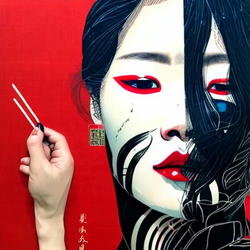 Image similar to a portrait of a chinese woman with side profile blood in ocean intricate details by MARVEL comics and Sandra Chevrier-C