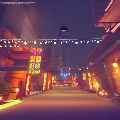 Image similar to Downtown Mexico, string lights, colorful lighting, night, unreal engine 5 tech demo, octane render, Frank Lloyd Wright ((Studio Ghibli))