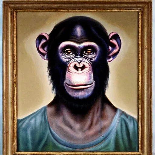 Image similar to portre of an autistic demonic chimpanzee on acid, masonic and kabalistic symbols in background, oil painting