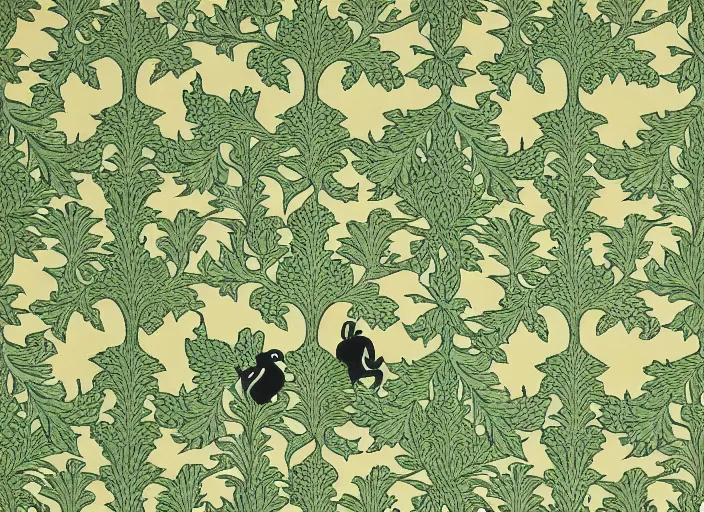 Prompt: pepe the frog in william morris wallpaper