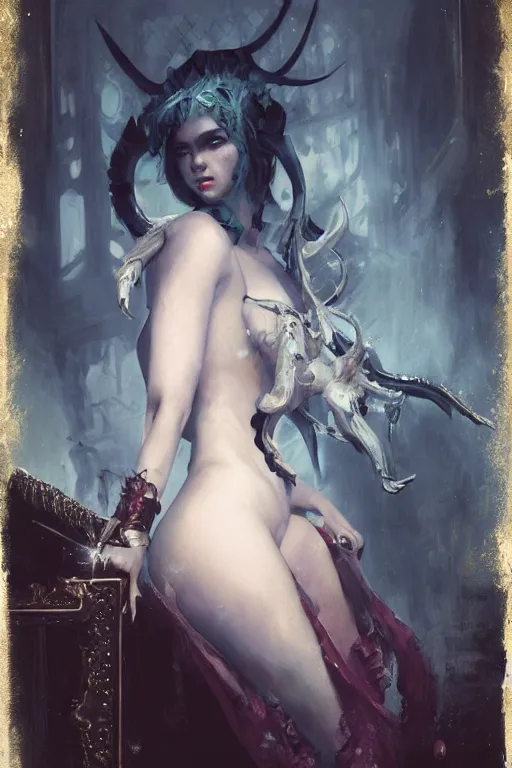 Image similar to a fancy portrait the most attractive succubi by Greg Rutkowski, Sung Choi, Mitchell Mohrhauser, Maciej Kuciara, Johnson Ting, Maxim Verehin, Peter Konig, Bloodborne, macro lens, 35mm, 8k photorealistic, cinematic lighting, HD, high details, atmospheric,