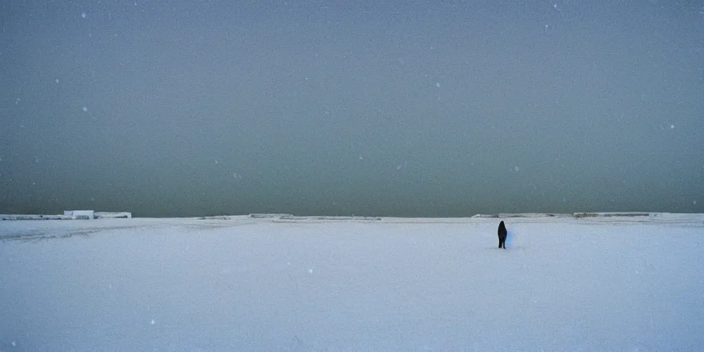 Image similar to photo of green river, wyoming cliffs covered in ice and snow, during a snowstorm. a old man in a trench coat and a cane appears as a hazy silhouette in the distance, looking back over his shoulder. cold color temperature. blue hour morning light, snow storm. hazy atmosphere. humidity haze. kodak ektachrome, greenish expired film, award winning, low contrast.