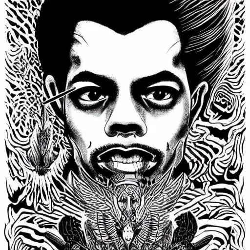 Image similar to black and white pen and ink!!!! Twin Peaks Black Lodge goetic Jimi Paige golden!!!! Vagabond!!!! floating magic swordsman!!!! glides through a beautiful!!!!!!! floral!! battlefield dramatic esoteric!!!!!! pen and ink!!!!! illustrated in high detail!!!!!!!! by Moebius and Hiroya Oku!!!!!!!!! graphic novel published on 2049 award winning!!!! full body portrait!!!!! action exposition manga panel black and white Shonen Jump issue by David Lynch eraserhead and beautiful line art Hirohiko Araki!!