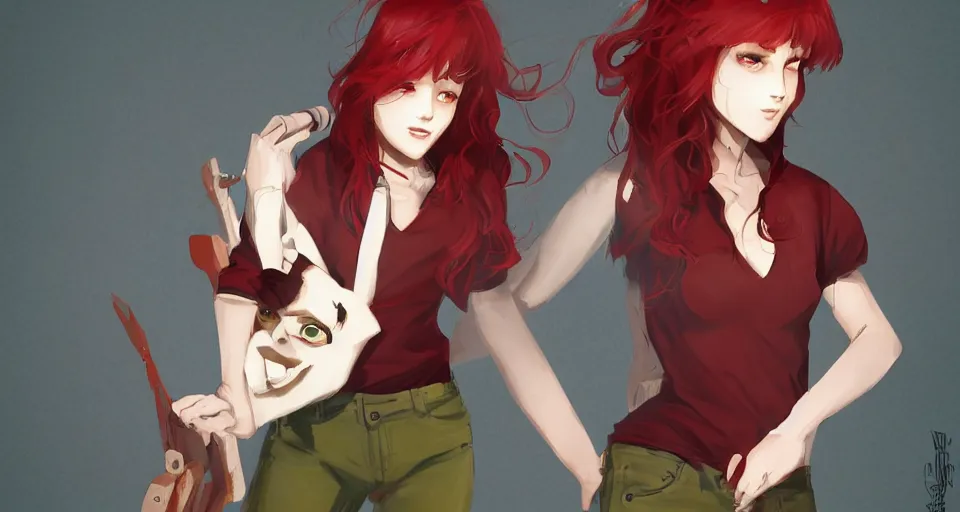 Prompt: full-body shot of a beautiful tomboy girl with long, crimson red hair and red eyes, wearing a dark red shirt and green jeans with a stern look, concept art, character design, character turnaround, by WLOP, by Tomine, by Kon, Satoshi, by Hildebrandt