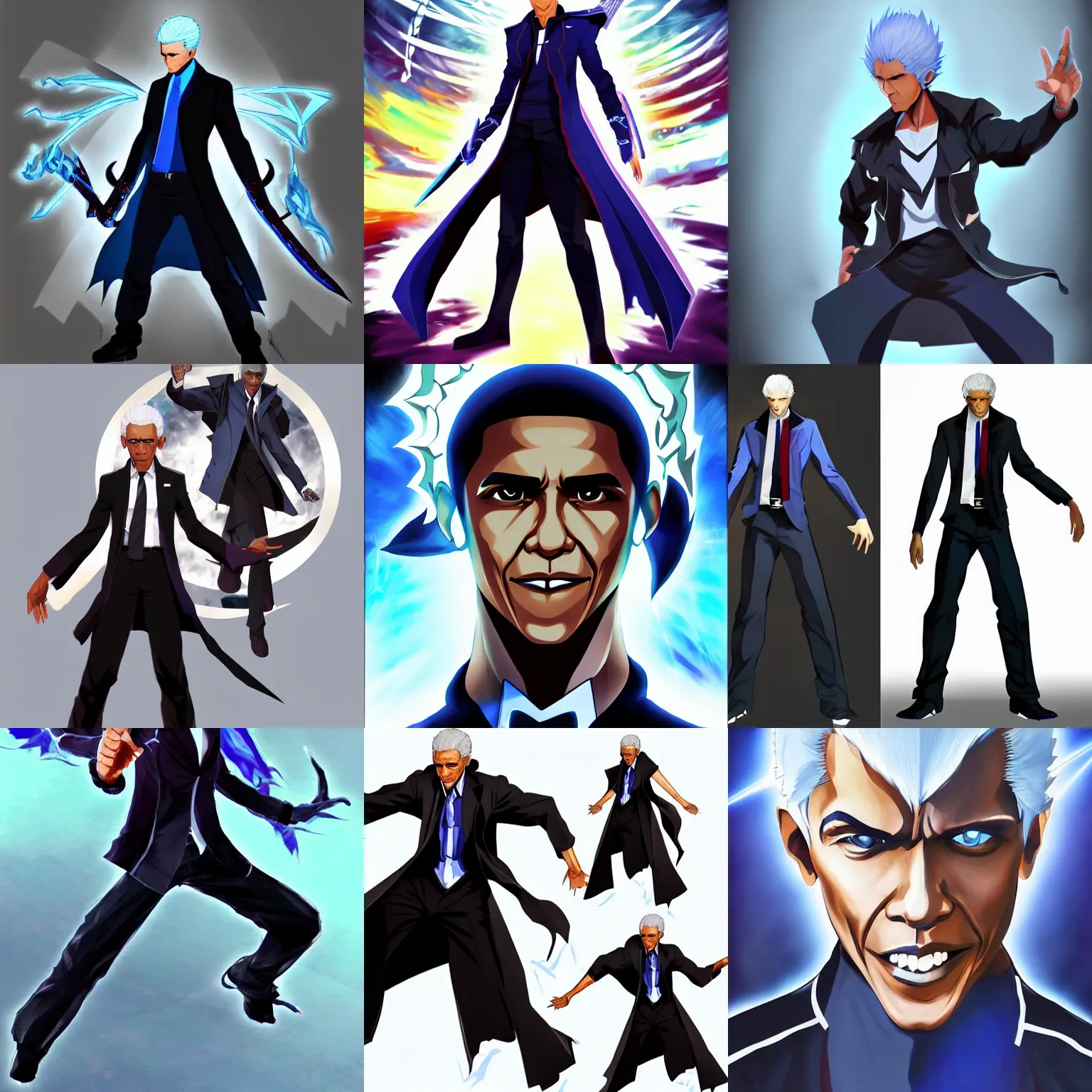 Prompt: fusion of barack obama and vergil from devil may cry, concept art, featured on pixiv, official art, 2 d game art, dynamic pose, anime aesthetic, pixiv contest winner