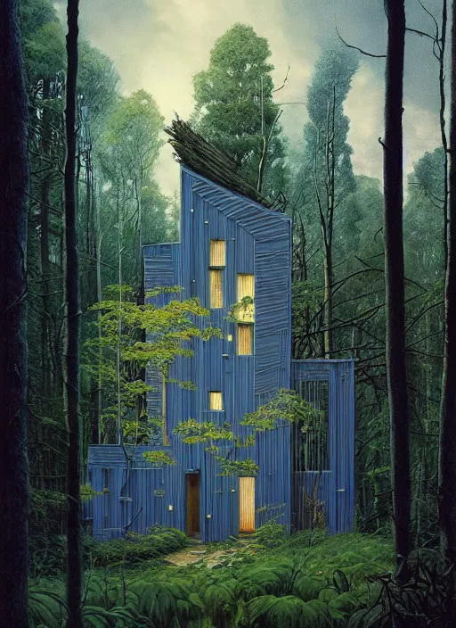 Image similar to hyper realistic witchy modern house with mood lighting and tech in the woods gorgeous lighting, blue sky, highly detailed, lush forest foliage painting by zdzisław beksinski and norman rockwell and greg rutkowski weta studio, and lucasfilm