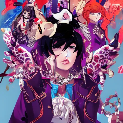 Image similar to Magazine Cover Anime key visual of a Gucci girl; official media; typography; drawn by Hirohiko Araki; Jojo's Bizarre Adventure; Jojolion, portrait, made by Stanley Artgerm Lau, WLOP, Rossdraws, James Jean, Andrei Riabovitchev, Marc Simonetti, Yoshitaka Amano, ArtStation