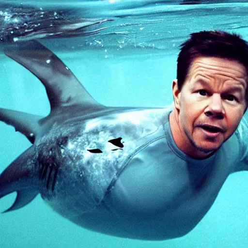 Image similar to mark wahlberg in a shark costume diving under water during shark week.