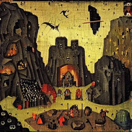 Image similar to night in a minecraft cave, by hieronymous bosch