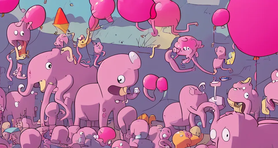 Prompt: cartoon pink elephants having a party, in the style of adventure time, the amazing world of gumball, pixar, toki doki, greg rutkowski and makoto shinkai, trending on artstation