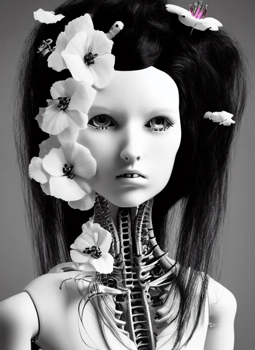 Image similar to black and white dreamy profile face portrait, biomechanical beautiful angelic young female cyborg - robot - doll with long hair made of flowers, body ribs, volumetric light, hibiscus flowers, rim light, big gothic fashion pearl embroidered collar, 1 9 3 0, 8 k