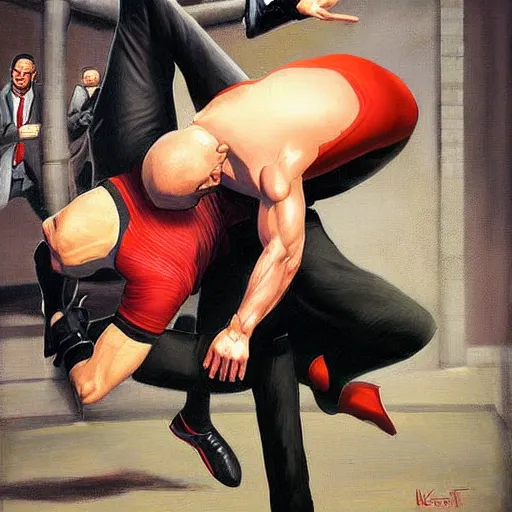Prompt: agent 4 7 dropkicking a man off top of wrestling cell, realist painting