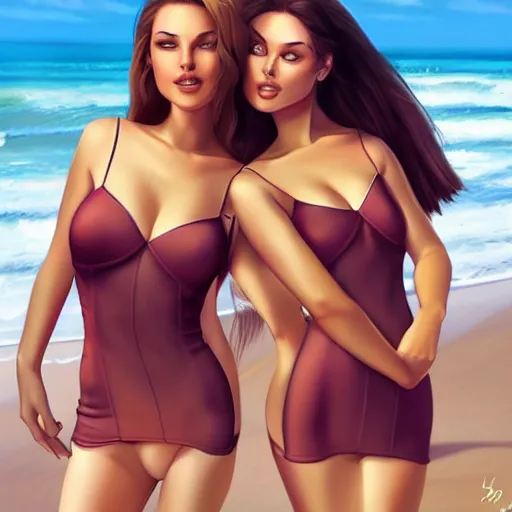 Image similar to two beautiful princesses in skintight satin minidresses on the beach drawn by artgerm and charlie bowater