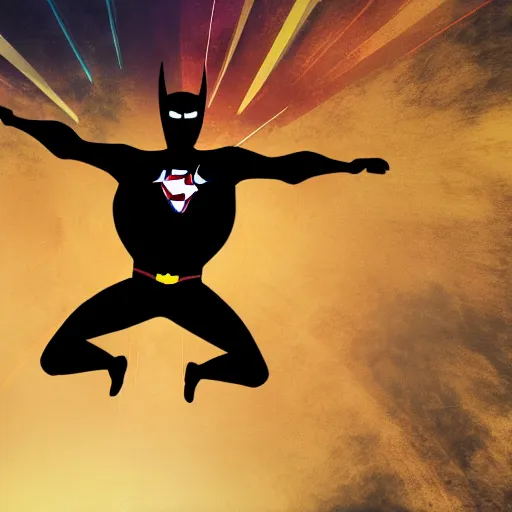 Image similar to developer superhero with laptop flying to save the day, dramatic cinematic