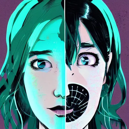 Image similar to Highly detailed portrait of a post-cyberpunk young lady with, freckles and cool hair, with robotic facial enhancements by Atey Ghailan, by Loish, by Bryan Lee O'Malley, by Cliff Chiang, inspired by image comics, inspired by graphic novel cover art, inspired by nier, inspired by scott pilgrim !! Gradient green, black and white color scheme ((grafitti tag brick wall background)), trending on artstation