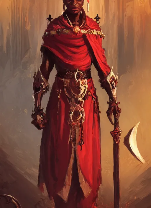 Image similar to a highly detailed illustration of african priest with short white hair, wearing cross on robe, wielding red blades made of blood, evil standing smiling pose, gothic church background, muscular, intricate, elegant, highly detailed, centered, digital painting, artstation, concept art, smooth, sharp focus, league of legends concept art, WLOP