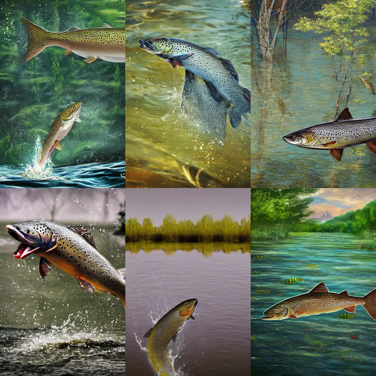 Prompt: close up photo of a giant trout leaping out of in a lake, summer, lake, willow trees, trending on art station, dynamic lighting, stark contrasts, detailed and intricate environment