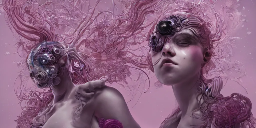 Prompt: hyperrealistic solarpunk photography of a highly detailed and symmetrical gorgeous cyborg nymph awash in a sea of pink milk in the style of beth cavener, jin kagetsu, james jean and wlop, highly detailed, face symmetry, masterpiece, award - winning, sharp focus, intricate concept art, ambient lighting, 8 k, artstation