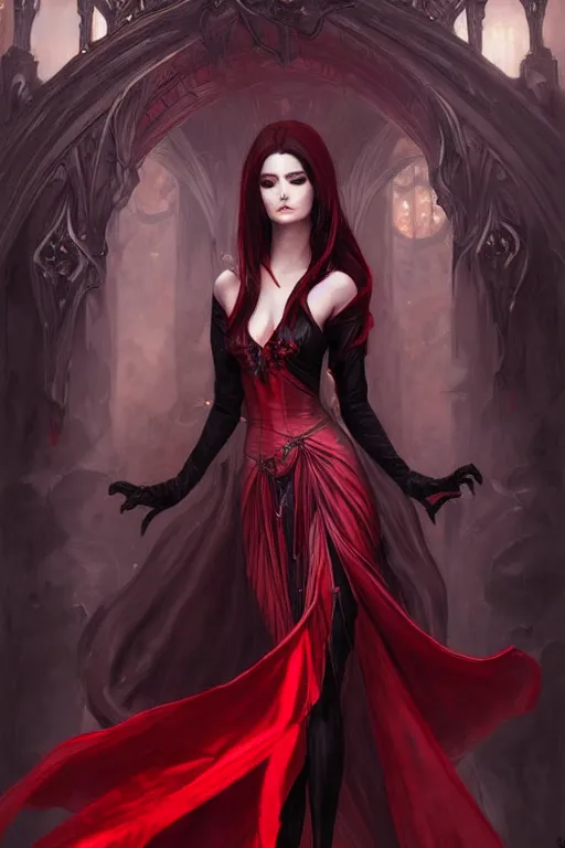 Image similar to Beautiful vampire female princess, black and red silk clothing, levitating above a pit of souls, Full body shot, D&D, fantasy, intricate, elegant, highly detailed, digital painting, artstation, concept art, matte, sharp focus, illustration, hearthstone, art by Artgerm and Greg Rutkowski and Alphonse Mucha