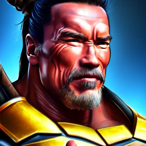 Image similar to a screenshot of arnold schwarzenegger as hanzo in overwatch, portrait, fantasy, beautiful face, vivid colors, elegant, concept art, sharp focus, digital art, hyper - realistic, 4 k, unreal engine, highly detailed, hd, dramatic lighting by brom, trending on artstation