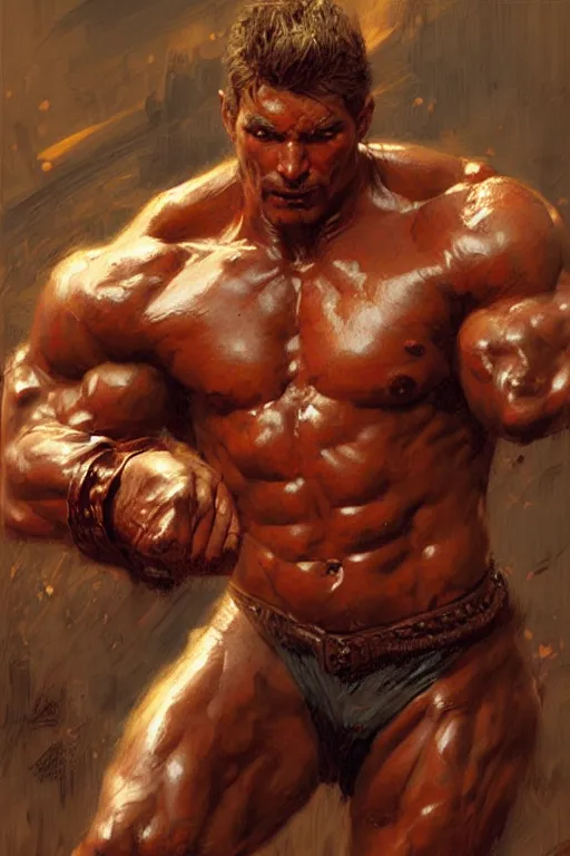 Image similar to Male, muscular warrior fighting devil, detailed face, correct face, painting by Gaston Bussiere, Craig Mullins