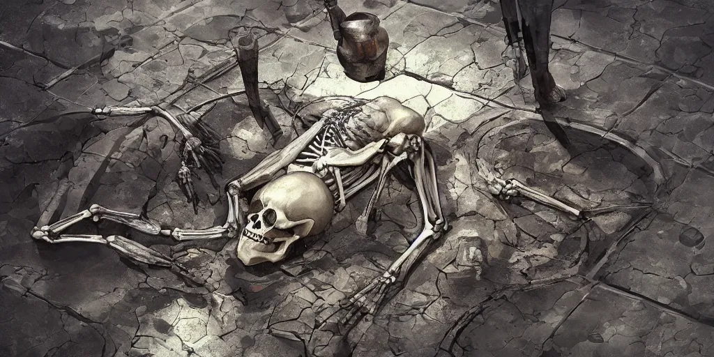 Prompt: skeleton lying in a puddle of mercury, pipe in the background, fantasy, digital art, trending on artstation
