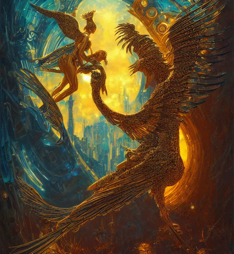 Image similar to a beautiful tarot card artwork of a cyberpunk seraphim in nature, backlit, highly detailed, golden hour, digital painting, by karol bak and justin gerard and dan mumford and artgerm, vivid colors, masterpiece, detailed shading, 8 k resolution, intricate, smooth