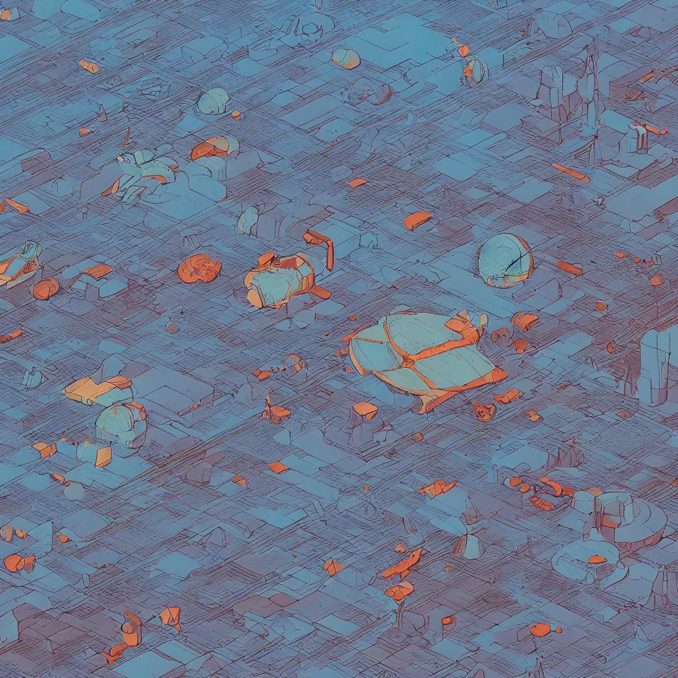 Prompt: a high high perspective landscape of a barren alien world. isometric perspective. sandy plain, junk strewn about. science fiction art. moebius