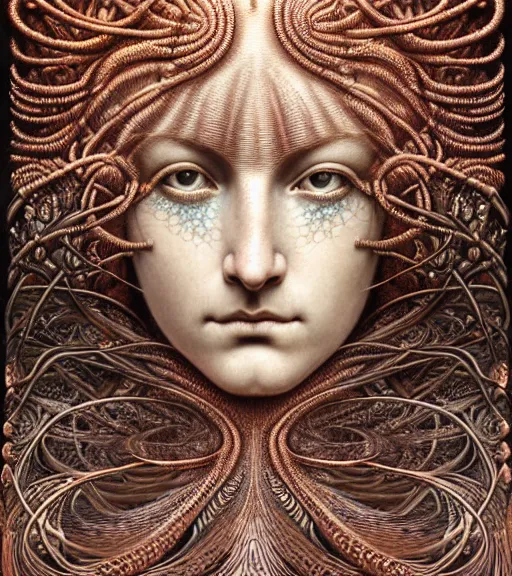 Image similar to detailed realistic beautiful copper goddess face portrait by jean delville, gustave dore, iris van herpen and marco mazzoni, art forms of nature by ernst haeckel, art nouveau, symbolist, visionary, gothic, neo - gothic, pre - raphaelite, fractal lace, intricate alien botanicals, biodiversity, surreality, hyperdetailed ultrasharp octane render