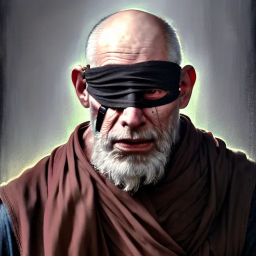 Image similar to portrait painting of a post - apocalyptic older american man blindfolded and wearing monk garbs with a scrap pauldron, ultra realistic, concept art, intricate details, eerie, highly detailed, photorealistic, octane render, 8 k, unreal engine. art by artgerm and greg rutkowski and charlie bowater and magali villeneuve and alphonse mucha