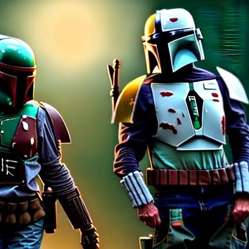 Image similar to boba fett and mandalorian standing proudly shoulder to shoulder ultra realistic, lens flare, atmosphere, glow, detailed, intricate, full of colour, cinematic lighting, trending on artstation, 4 k, hyperrealistic, focused, extreme details, unreal engine 5, cinematic, masterpiece, ultra realistic, hyper realistic, highly detailed, sharp focus, digital art