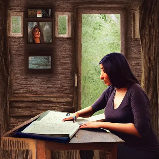 Image similar to a brown female author writing a book on a typewriter in an eerie cottage in the woods, detailed digital art, trending on artstation, realistic! 8k, anatomically correct