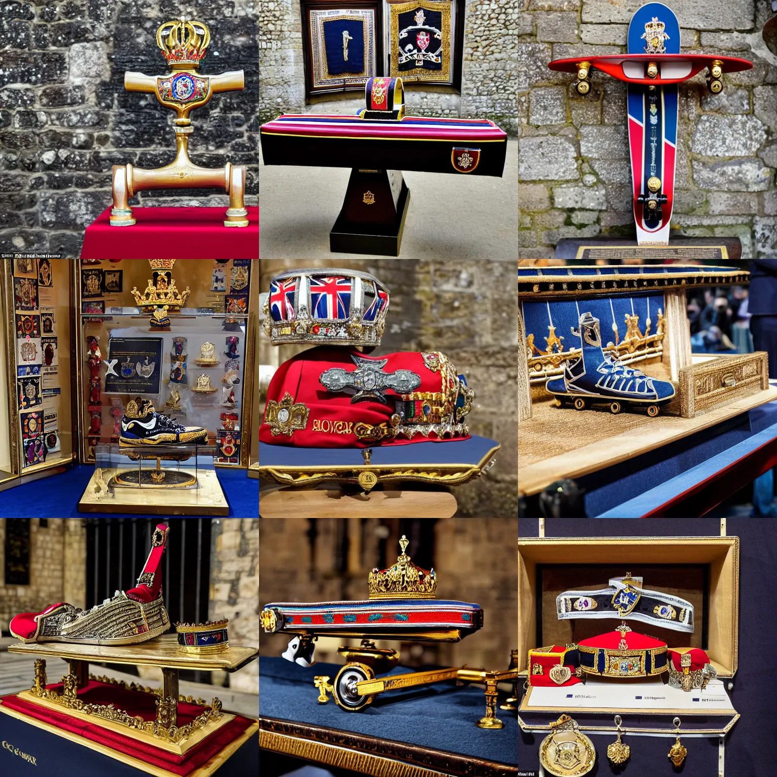 Prompt: the royal skateboard of england on display among the crown jewels at the tower of london