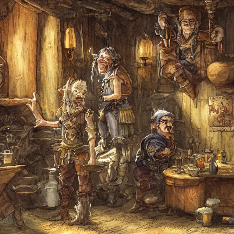 Image similar to a single emu in a halfling tavern, fantasy rpg book illustration