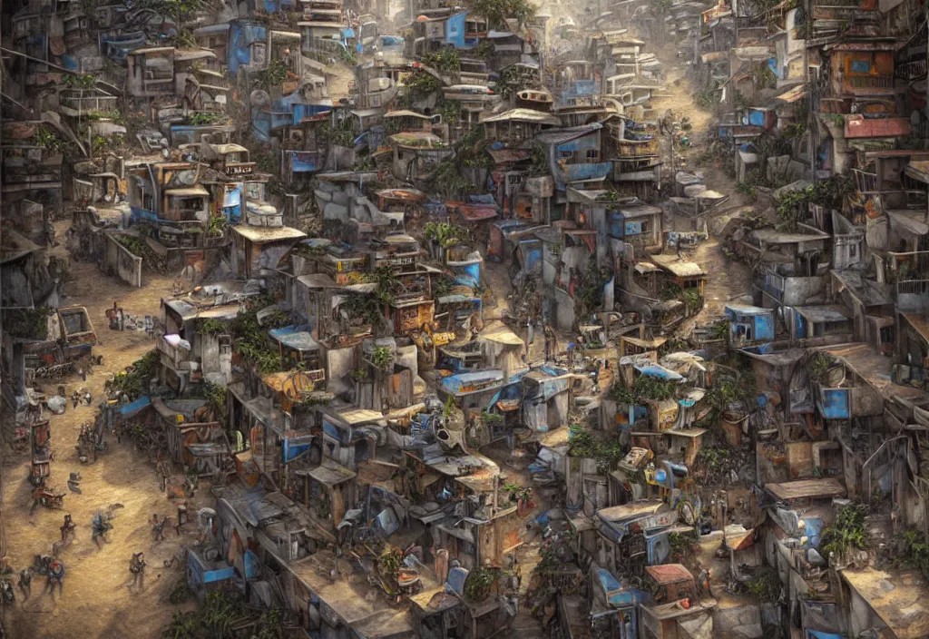 Prompt: photorealistic favela rio with precise rendered guns arsenal with intricate details of gun happy people in by Justin Gerard