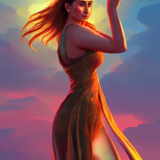 Image similar to kareena kapoor in sunset, by etienne hebinger, cgsociety, fantasy art, 2 d game art