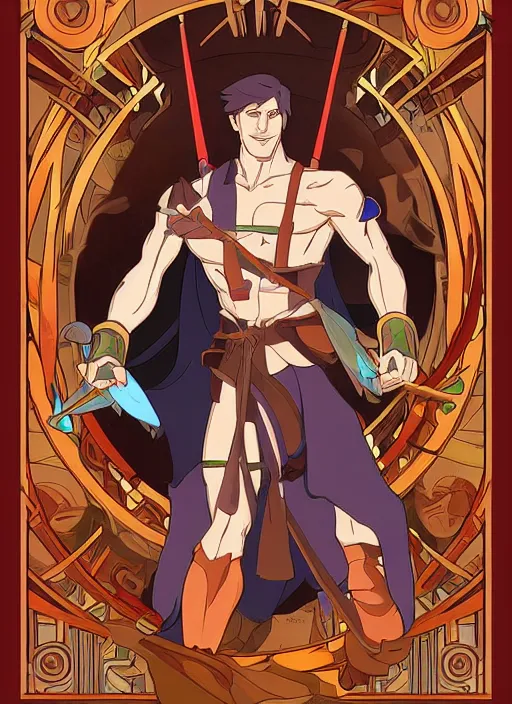 Prompt: official digital painting artwork of a male warrior character by don bluth, ross tran and studio ghibli + alphonse mucha.