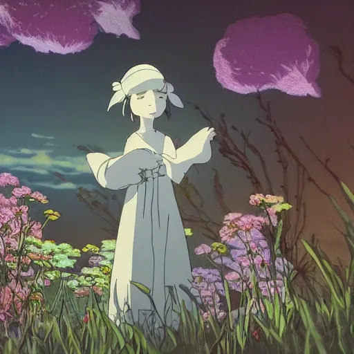 Image similar to spirit creature in the flowers at night made by studio ghibli, beautiful scene, detailed, high quality, high details, smooth, 8 k,