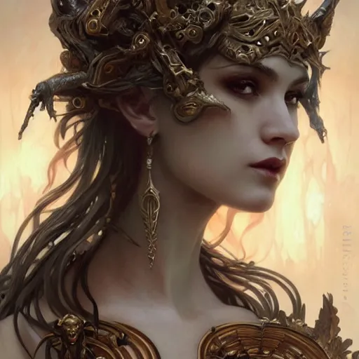 Prompt: portrait of a destruction goddess, intricate chaos, evil, elegant, highly detailed, death, digital painting, satan, artstation, lucifer, concept art, smooth, sharp focus, illustration, art by artgerm and greg rutkowski and nekro borja and mucha and william - adolphe bouguereau